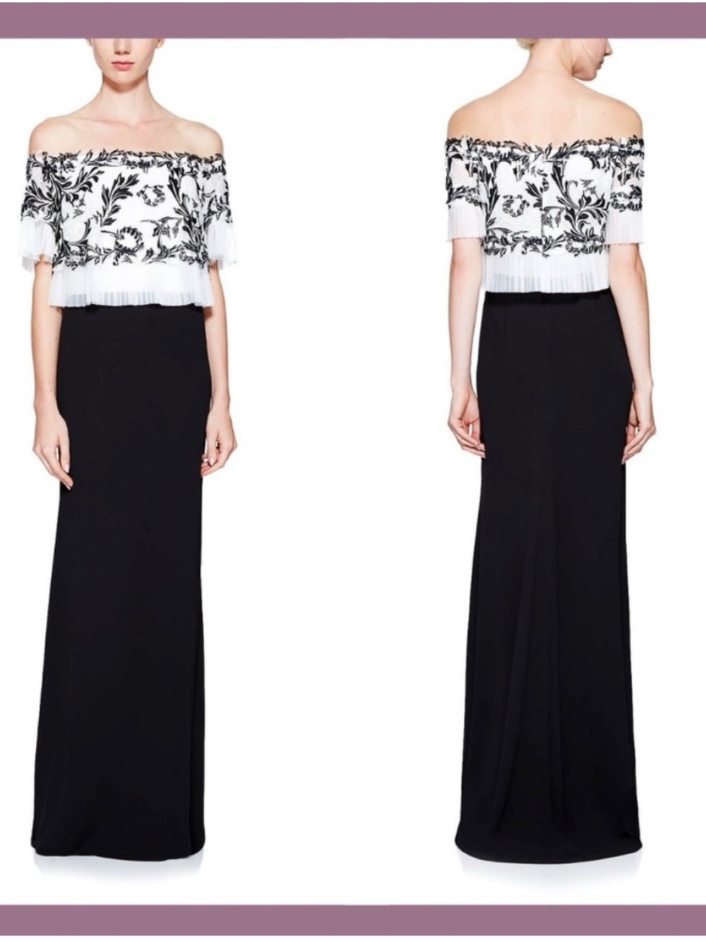 NWT Tadashi Shoji Lina Gown Off-The-Shoulder Lace Dress Black White Size 18